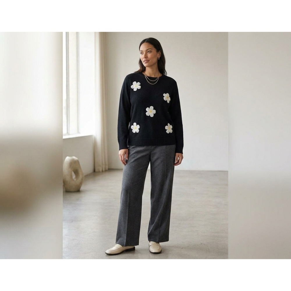 Moth Anthropologie Floral Applique Sweater Womens XL Black Cashmere Blend Flower